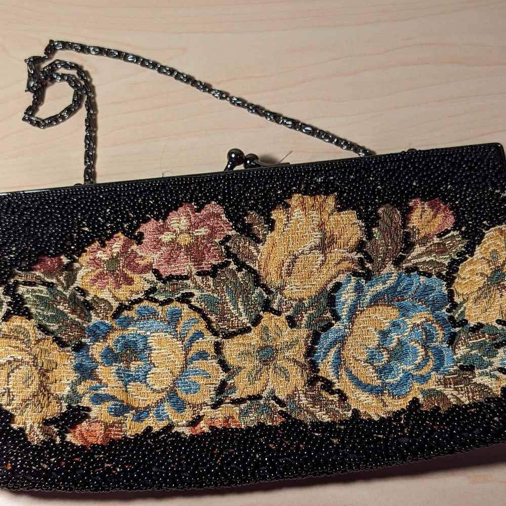 Black beaded floral clutch Tapestry handbag vintage Retro style